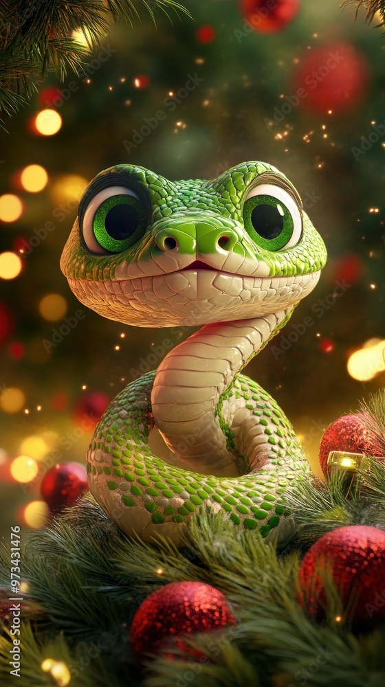 Fototapeta premium Funny cute snake with big green eyes on new year background, 3D style