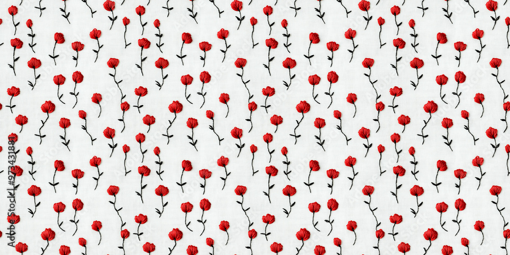 seamless minimalistic embroidery pattern of small red roses, on a plain white linen seamless minimalistic embroidery pattern of small red roses, on a plain white linen