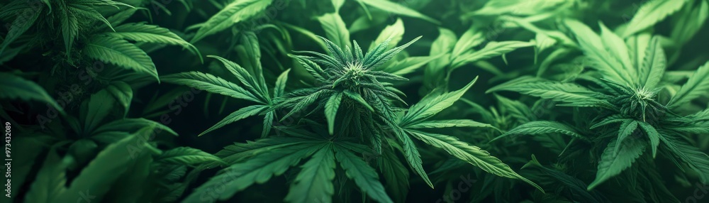 Lush cannabis background with several small amber-colored e liquid juice drops on it Lush cannabis background with several small amber-colored e liquid juice drops on it