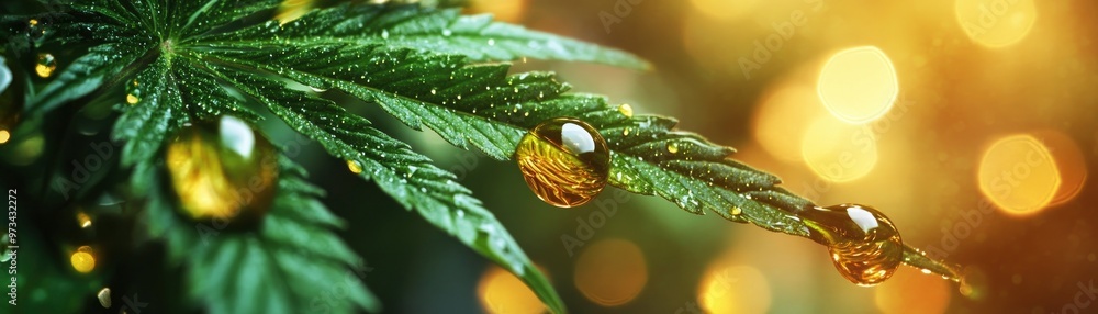Lush cannabis background with several small amber-colored e liquid juice drops on it Lush cannabis background with several small amber-colored e liquid juice drops on it