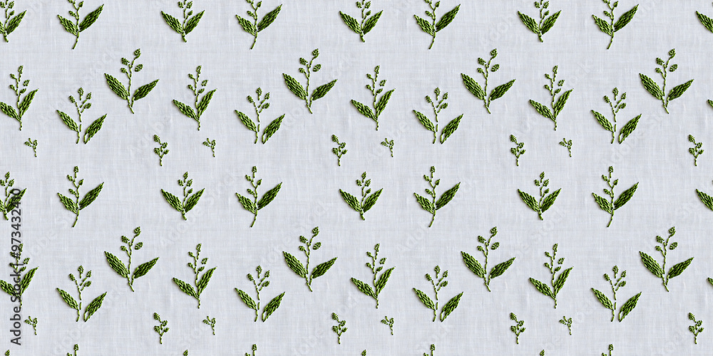 seamless minimalistic embroidery pattern of small lily of the valleys, on a plain white linen seamless minimalistic embroidery pattern of small lily of the valleys, on a plain white linen