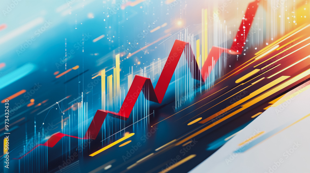 Fototapeta premium Abstract business team work stands on the peak of success amid tall, innovative Smart city and graphs with statistics to analyze business potential and predict future developments in company growth.
