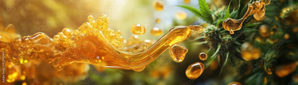 Lush cannabis background with small amber-colored e liquid juice splashes on it Lush cannabis background with small amber-colored e liquid juice splashes on it