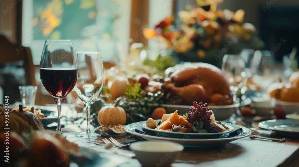 Thanksgiving dinner table close up shot, festive atmosphere, space for text Thanksgiving dinner table close up shot, festive atmosphere, space for text
