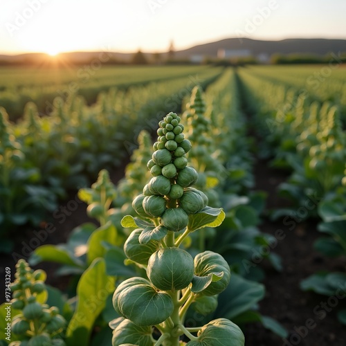 Fresh Brussels sprouts on stalks in a sunny vegetable garden photo