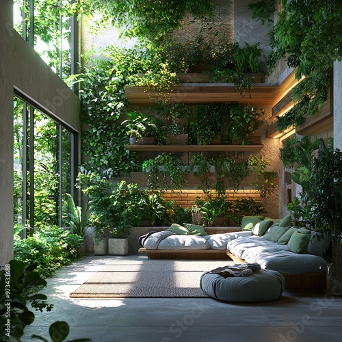 Warm toned garden house with abundant greenery and cozy natural decor picture