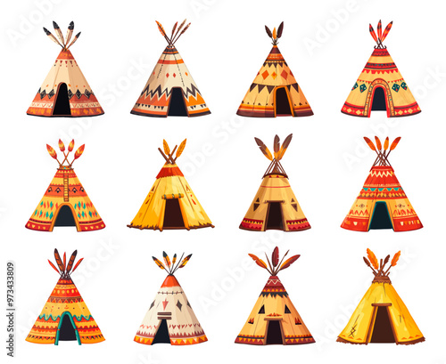 Indian wigwams. Native american traditional tent, Indians tipi trip ethnic tribe cone wild west house, set vector illustration