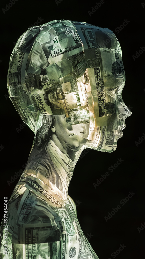 Side view of a woman with a head made of US dollar bills, digital artwork Side view of a woman with a head made of US dollar bills, digital artwork