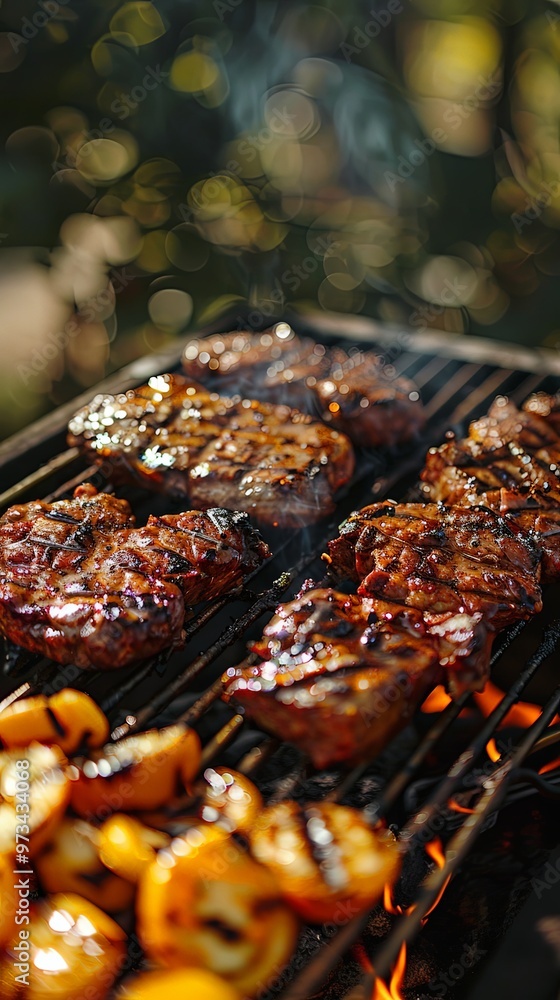 Close up of juicy, perfectly seared steaks grilling alongside halved vegetables on a hot, smoky grill, set in an outdoor environment with natural light and background greenery. Close up of juicy, perfectly seared steaks grilling alongside halved vegetables on a hot, smoky grill, set in an outdoor environment with natural light and background greenery.