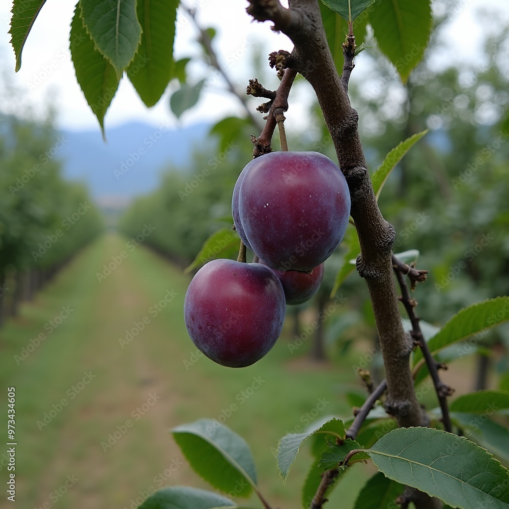 Ripe plums on tree in lush orchard with distant mountains Ripe plums on tree in lush orchard with distant mountains
