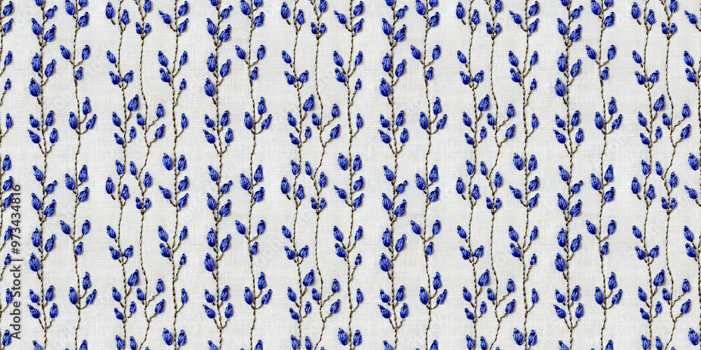 seamless minimalistic embroidery pattern of small bluebells, on a plain white linen seamless minimalistic embroidery pattern of small bluebells, on a plain white linen