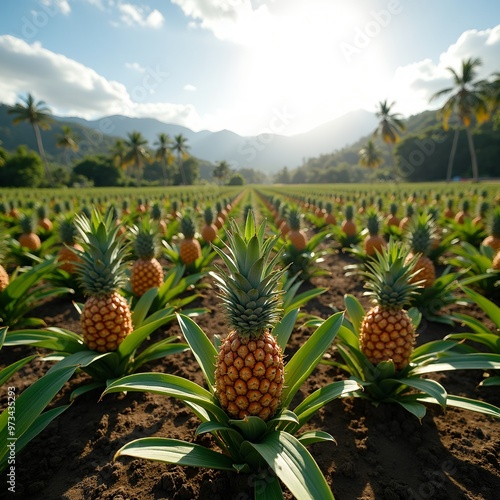 Tropical plantation with neat rows of pineapples each plant bearing a large fruit under a bright sun photo