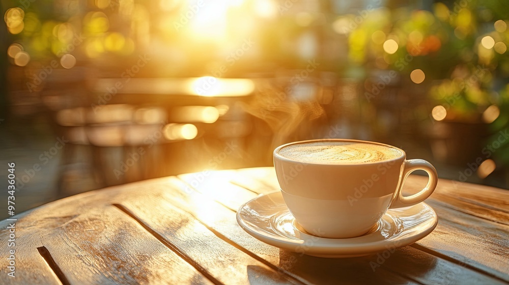 A Cup of Coffee on a Wooden Table in the Warm Morning Light A Cup of Coffee on a Wooden Table in the Warm Morning Light