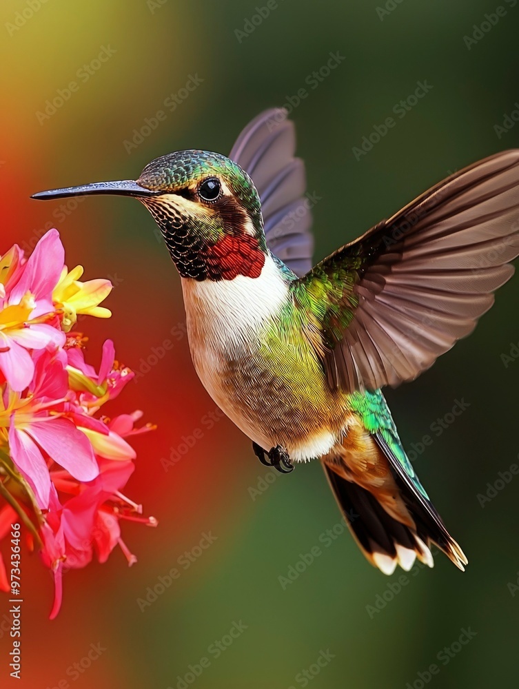 Fototapeta premium A Vibrant Hummingbird in Flight Near Pink Flowers