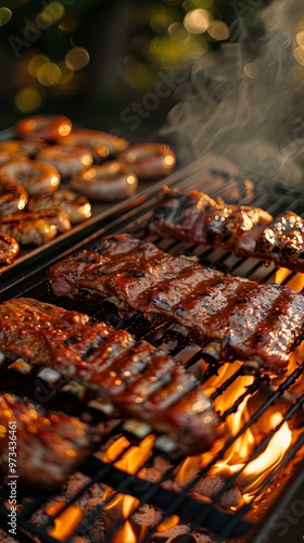 Succulent ribs smothered in rich BBQ sauce grilling over an open flame, highlighting the deliciousness and mouth-watering appeal of perfectly cooked barbecue ribs. photo