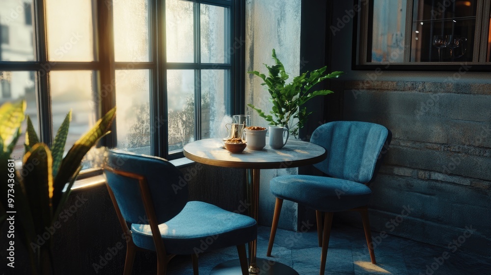 Fototapeta premium A cozy breakfast nook with a round table and stylish chairs