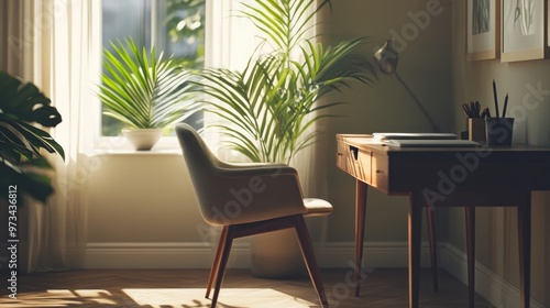 A cozy home office featuring a comfortable chair, wooden desk, and a large indoor plant placed by the window