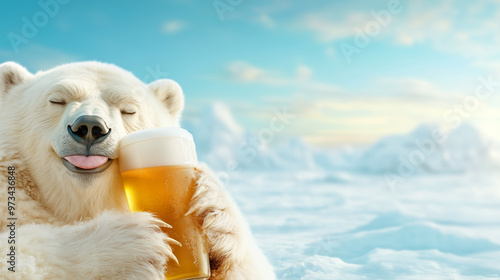 Polar bear enjoying a cold drink on a sunny ice landscape photo