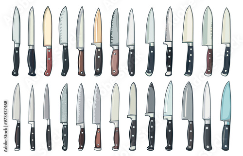 Kitchen knives. Steel knife sharp blade tool, chef equipment for cut meat bread fish vegetable, set vector illustration