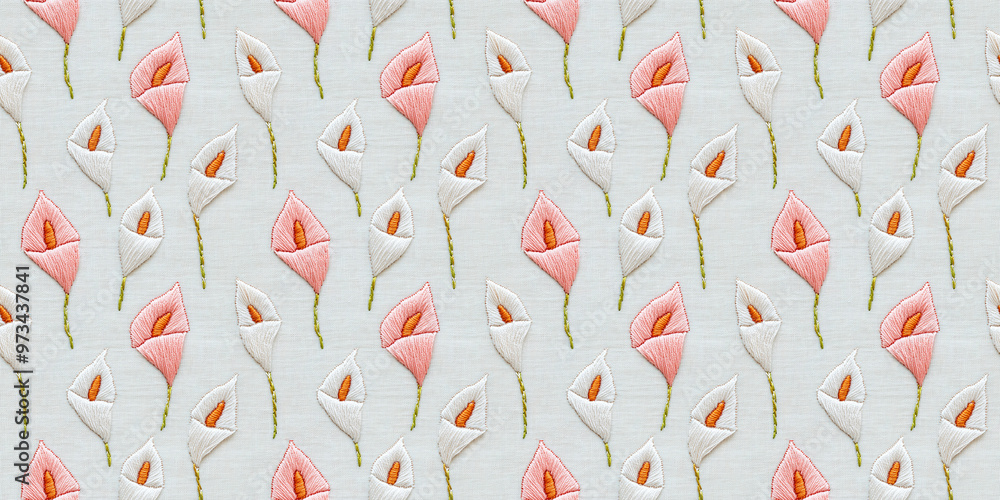 seamless minimalistic embroidery pattern of small callas, on a plain white linen seamless minimalistic embroidery pattern of small callas, on a plain white linen