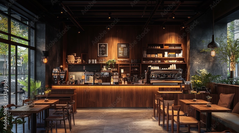 Modern Coffee Shop Interior with Wooden Accents and a Sleek Bar Modern Coffee Shop Interior with Wooden Accents and a Sleek Bar