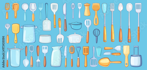 Kitchen utensil. Cooking equipment, fork spoon crockery ladle spatula saucepan utility knife, set vector illustration