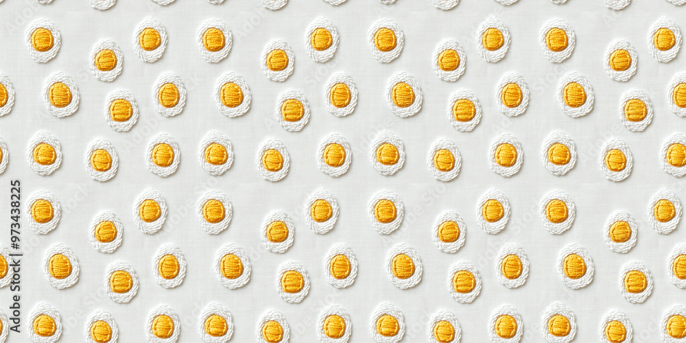 seamless minimalistic embroidery pattern of small fried eggs, on a plain white linen seamless minimalistic embroidery pattern of small fried eggs, on a plain white linen