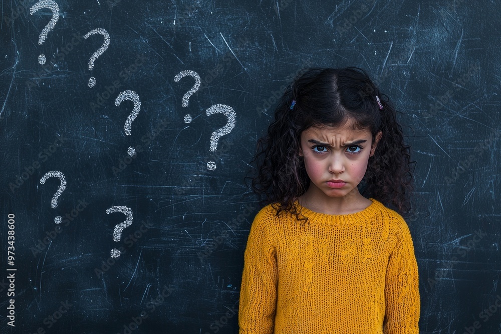 There is a young African girl lost in thought, sitting with question ...