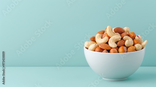 Bowl of mixed almonds and cashews on a light blue background. Studio food photography for design and print.

