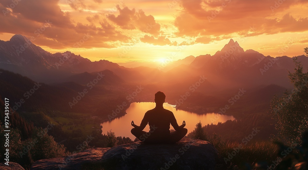 man meditating yoga on top of a mountain at sunset man meditating yoga on top of a mountain at sunset