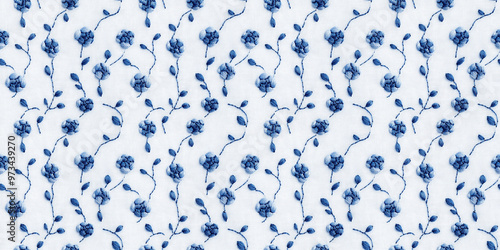 seamless minimalistic embroidery pattern of small blue roses, on a plain white linen