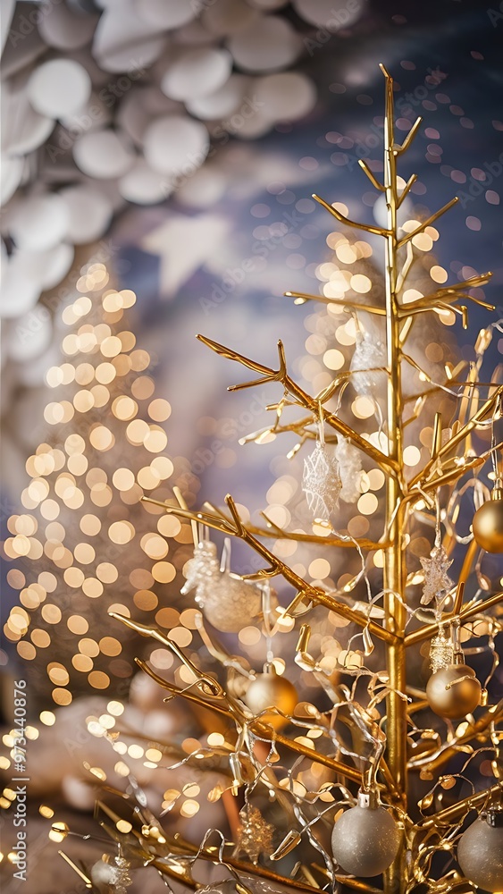 Naklejka premium Gold Festive Christmas background. Elegant abstract background with bokeh defocused lights and stars
