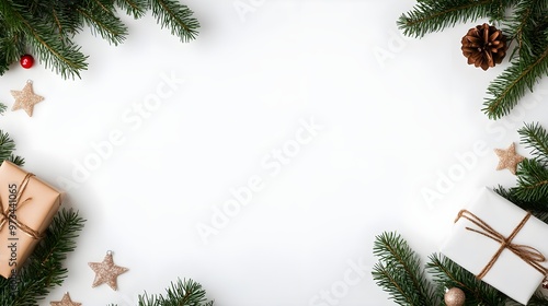 Christmas Festive White Background with Pine Branches and Gifts