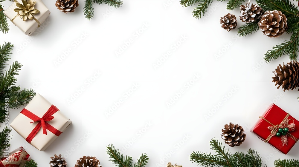 Christmas Gift Box Pine Cone Frame White Background Christmas Gift Box Pine Cone Frame White Background