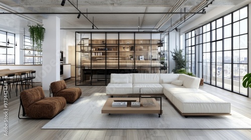 A modern loft space featuring open shelving and industrial furniture