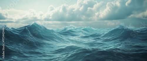 A wide shot of a turbulent sea with large waves and a cloudy sky.