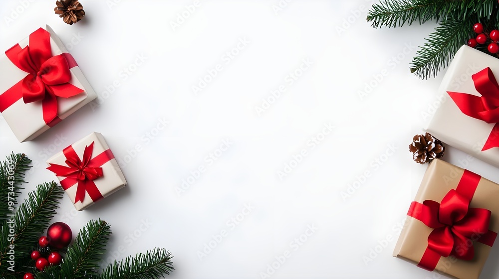 Christmas Gift Boxes with Pine Branches and Red Ornaments Christmas Gift Boxes with Pine Branches and Red Ornaments
