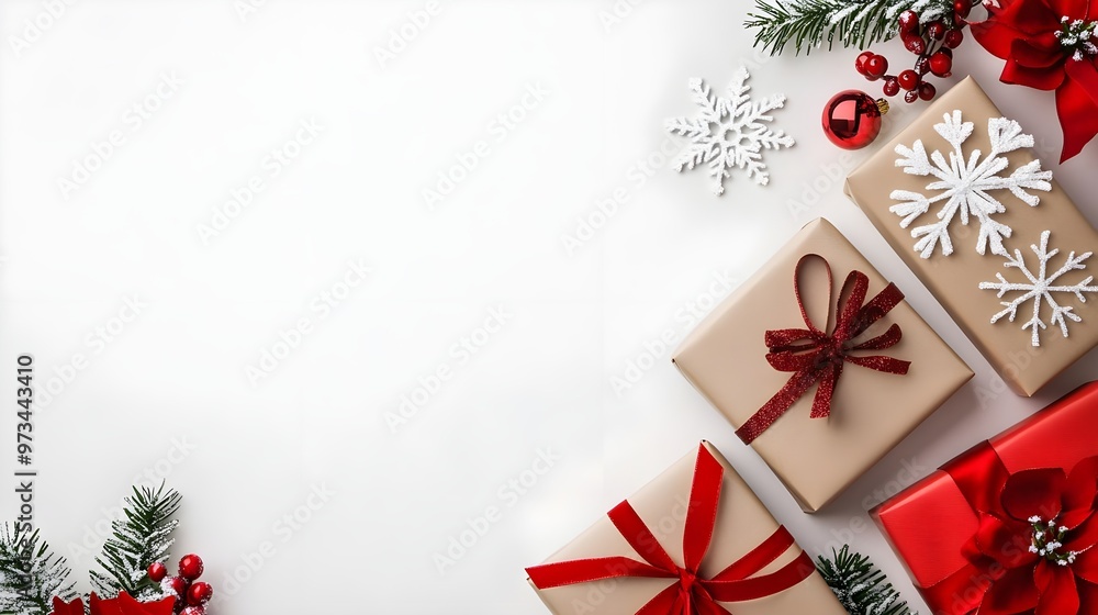 Christmas Gift Boxes with Red Ribbons and Snowflakes Christmas Gift Boxes with Red Ribbons and Snowflakes