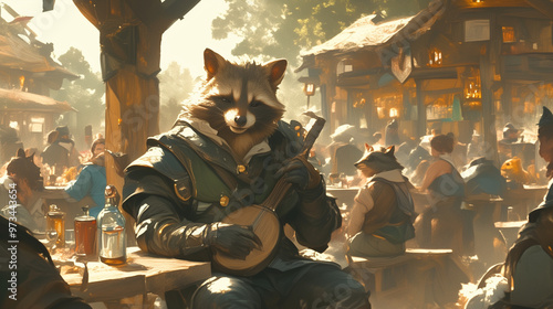 raccoon beastfolk playing a lute joyfully in a bustling outdoor market filled with vendors and townsfolk enjoying the sunny day