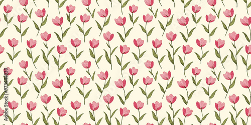 seamless minimalistic embroidery pattern of soft pink tulips, each with three pink petals and a few leaves, on a plain light yellow fabric