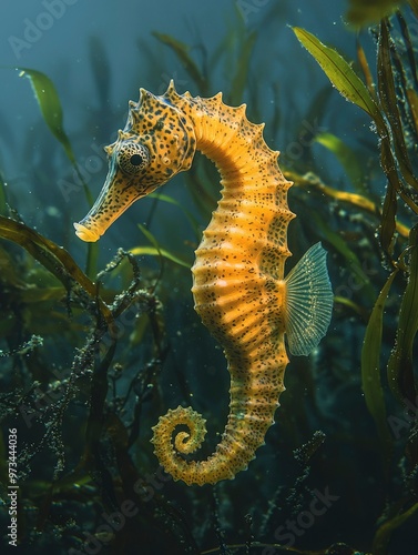 Yellow Seahorse with Black Spots Swimming Through Seaweed