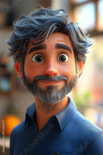 Friendly and approachable 3d cartoon character with a beard and graying hair is smiling for a portrait