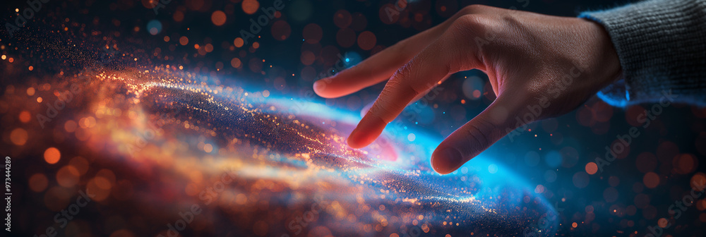 A hand reaching out to touch a glowing, cosmic swirl of light and energy, representing creativity, innovation, and the mysteries of the universe. A hand reaching out to touch a glowing, cosmic swirl of light and energy, representing creativity, innovation, and the mysteries of the universe.
