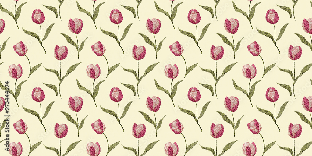 seamless minimalistic embroidery pattern of soft pink tulips, each with three pink petals and a few leaves, on a plain light yellow fabric seamless minimalistic embroidery pattern of soft pink tulips, each with three pink petals and a few leaves, on a plain light yellow fabric