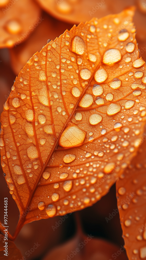Close up of an autumn leaf with vibrant orange hues covered in raindrops highlighting intricate veins and textures fresh and natural seasonal scene Close up of an autumn leaf with vibrant orange hues covered in raindrops highlighting intricate veins and textures fresh and natural seasonal scene