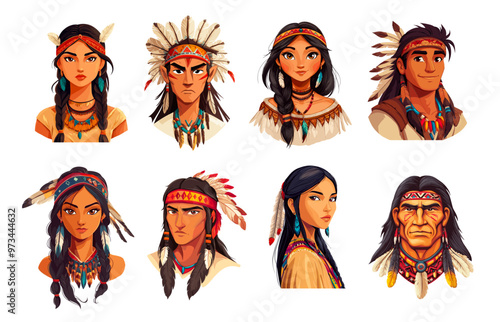 Native american indian. Cartoon amerindian tribe characters in traditional headdress with feathers, tribal man woman avatar portrait chief warrior mascot vector illustration