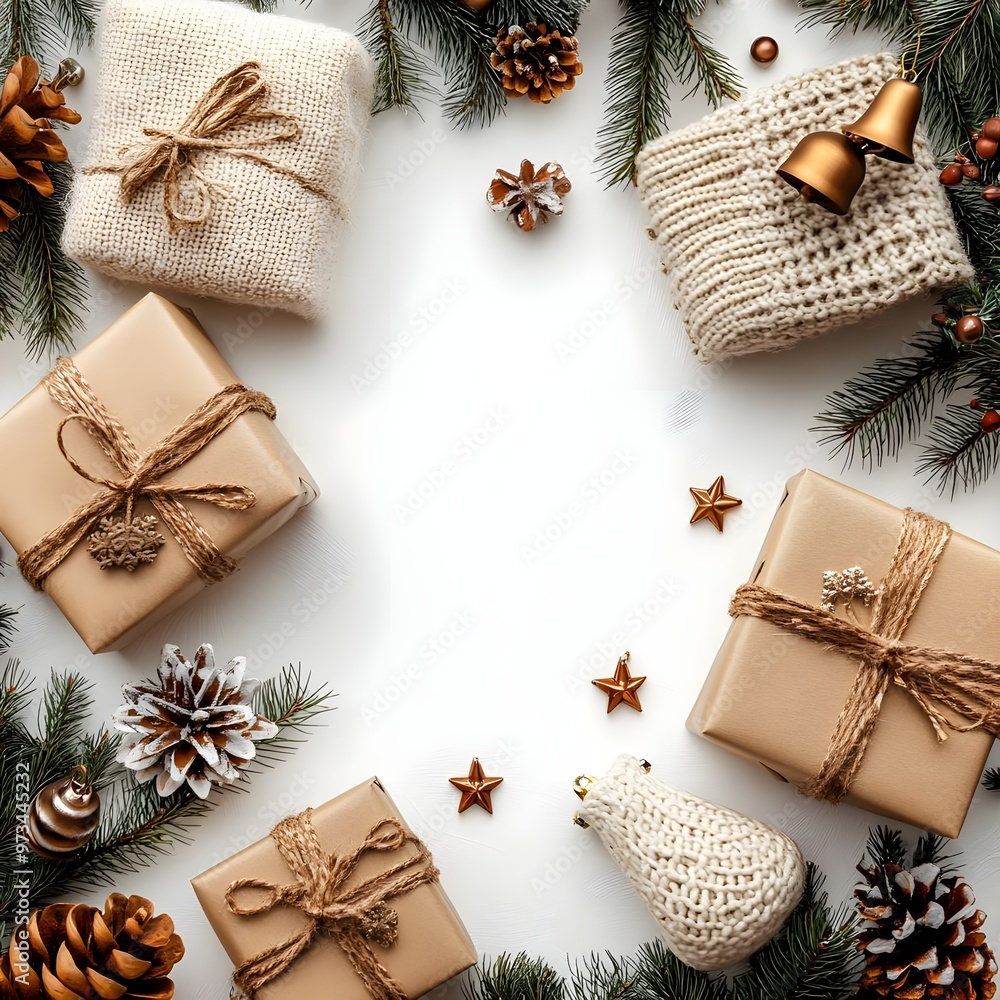 Christmas Gifts, Pine Cones, and Knitted Decorations on White Background Christmas Gifts, Pine Cones, and Knitted Decorations on White Background