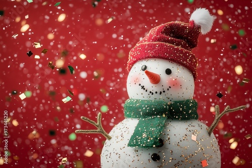 A traditional real snowman with a green scarf and a red hat on a red solid color background with flying red gold and green metallic confetti  photo