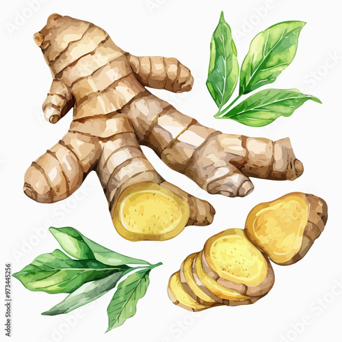 Illustration of ginger root and ginger and green leaves set in a watercolor style isolated on a white background, vector ginger root illustrations. Ginger and Horseradish, Turmeric plant collection