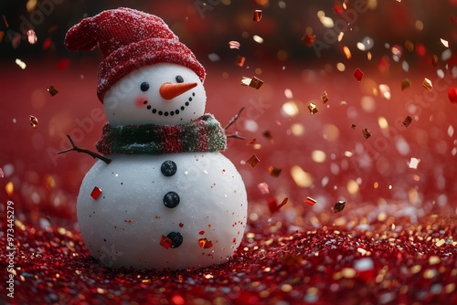 A traditional real snowman with a green scarf and a red hat on a red solid color background with flying red gold and green metallic confetti  photo